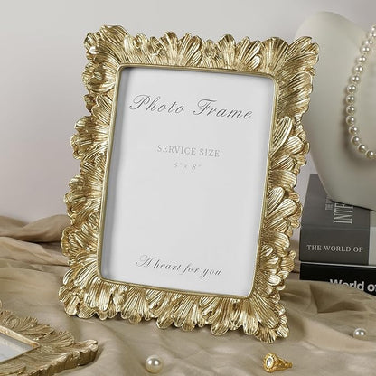 Cuspin 6x8 Picture Frame Vintage Gold Frames, Gold Palm Leaves Textured Hand-Crafted Resin Frames with Glass Front, Elegant Retro Decorative Photo Frame for Wall and Tabletop Display Home Decor