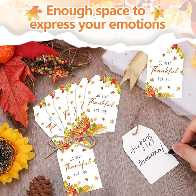 100PCS Thank You Gift Tags Fall Gift Tags with String So Thankful for You Tag for Thanksgiving Present Wrapping Wedding Autumn Holiday Party Favors