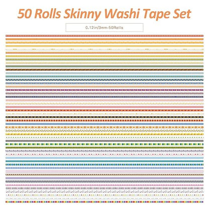 emmoolife 50 Rolls Skinny Washi Tape Set 3mm Wide, Gold Foil Print Masking Thin Basic Patterns Decorative Tapes for Scrapbooking, Junk Journal Supplies, Bullet Journaling, Craft Tape for Women Girl