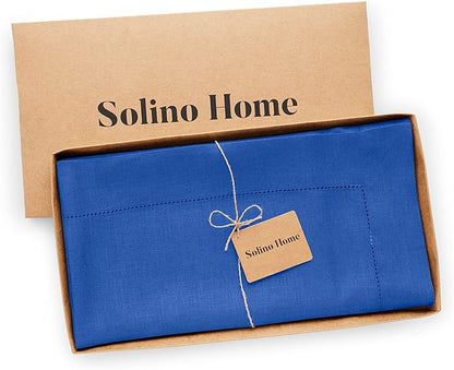 Solino Home Linen Square Tablecloth 52 x 52 Inch - 100% Pure Linen Royal Blue Table Throw - Classic Hemstitch, Machine Washable Table Cloth