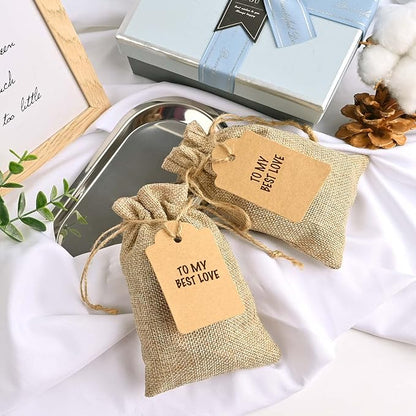 Jutieuo 25pcs Small Burlap Bags with Drawstring - 4x6 Inch Reusable Premium Linen Sacks Bags with Tag and String, Mini Gift Bag for Wedding Party Favor, Jewelry Pouches, Coffee, DIY Craft
