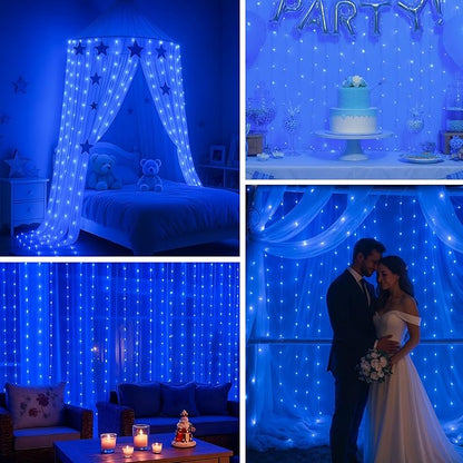 DomeStar 300 LED Fairy Curtain Lights, 9.8ft x 9.8ft Battery Operated with 8 Modes Remote Christmas Waterproof String Hanging Lights for Bedroom Patio Garden Party Wedding Wall Decor (Blue)