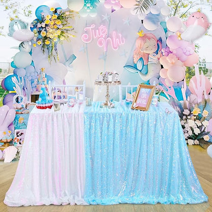 QueenDream Mermaid Blue Tablecloth 90x156 Inches Rectangle Tablecloths Sequin Iridescent Disco Party Decorations