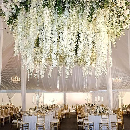 24 Pack White Green Wisteria Hanging Flowers Garland, 3.77 Feet Artificial Flower Vines, Fake Wisteria, Artificial Vines Hanging Garland for Backdrop Outdoor Yard Garden Decor