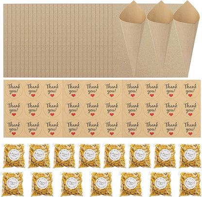 PATIKIL Dried Flower Confetti Cones, 30Pcs Paper Tapers Cone Holder with Dried Rose Petals / Sticker for Wedding Party Engagement Birthday DIY Decoration, Light Yellow/Pink