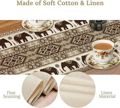 Ethnic Table Runner, Rustic Farmhouse Boho Indian Bohemian Elephant Aztec Tribal Print Beige Table Center Decor for Home Kitchen Dining Patio Holiday Party Indoor Table Decorations, 13"x36" Inch