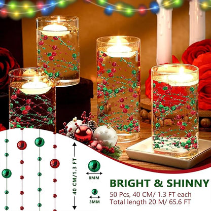 50 PCS Artificial Floating Beads for Centerpieces Vases, 8+3mm String Beads for Christmas Party Pearl String for Decoration, Red & Green String Pearls for Crafts Vase Fillers