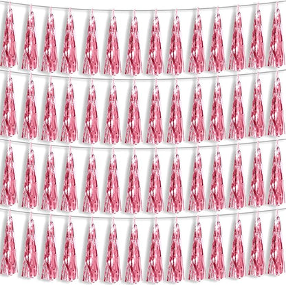 4P Light Pink Foil Fringe Metallic Tassel Streamers Banner Tassel Garland for Parade Floats, Bachelorette, Wedding, Birthday, Halloween, Christmas, Bridal/Baby Shower Party Decorations