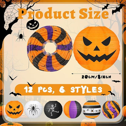ADLKGG Halloween Party Decorations, Black Orange Purple Hanging Spider Bat Pumpkin Skeleton Paper Lantern for Halloween Birthday Decorations, Trick-or-Treating Events, Wedding,Garden Home Decor, 12pcs