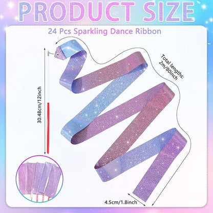 24 Pcs Sparkling Dance Ribbon for Kids Rhythmic Gymnastics Birthday Party Favors Twirling Streamer for Girl Princess Artistic Dancing Outdoor Game Supplies(Gradient Blue Purple)