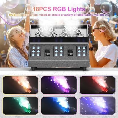 2000W Fog Machine, 3 in 1 Fog Bubble Machine with 2 Bubble Fans, 18 RGB LED Lights Smoke Bubble ALL IN ONE Fog Machine, Bubble Machine for Halloween Christmas Party Wedding, 2 Pack