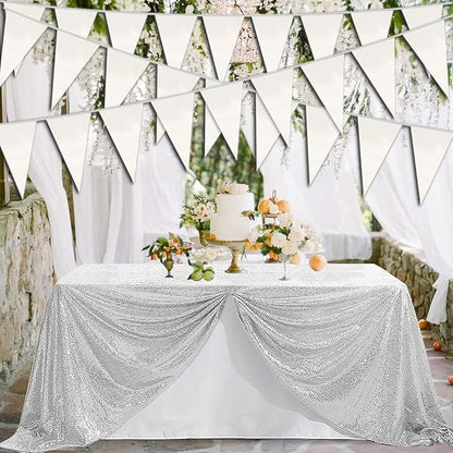 40M/130FT White Triangle Pennant Banner Flag Metallic Fabric Bunting Garland for Christmas Graduation Wedding Engagement Anniversary Bachelorette Birthday Bridal Shower Valentines Hen Party Supplies