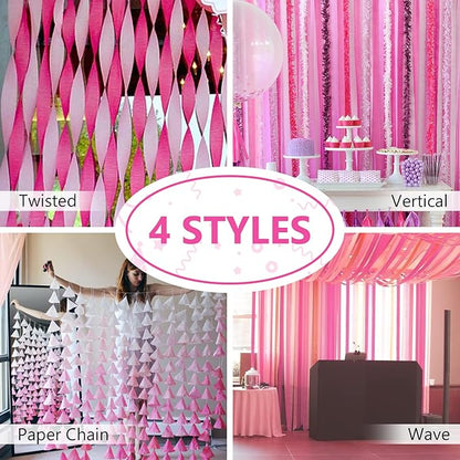 PartyWoo Crepe Paper Streamers 4 Rolls 328ft, Pack of Hot Pink and Pink Crepe Paper for Party, Wedding, Birthday, Baby Shower Decorations, Valentines Day Decorations (1.8 Inch x 82 Ft/Roll)