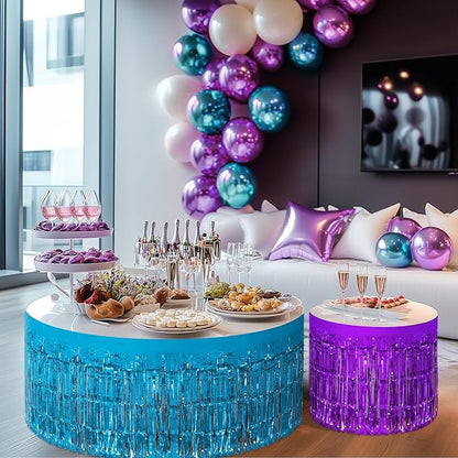 2 Pack Lake Blue Dark Purple Table Skirts, 29x108" Metallic Foil Tinsel Fringe Table Skirt for Rectangle Tables Streamer Curtains Backdrop, Party Decorations for Birthdays, Weddings, Holidays