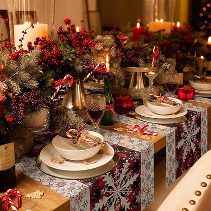 Buffalo Plaid Christmas Cotton Linen Table Runner for Dining Kitchen, Snowflake Red Black Check Wedding Outdoor Party Tablerunner Decoration, Retro Dresser Scarf Coffee Tablecloth Runners 13x72 Inches