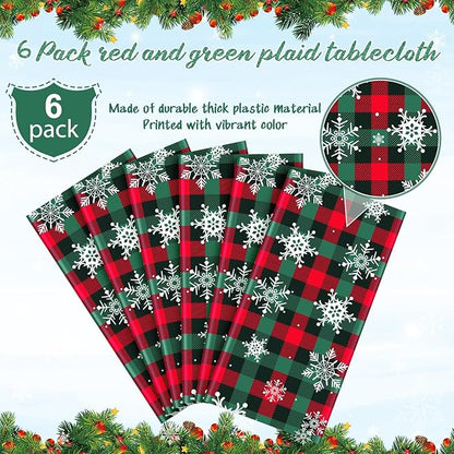 6Pcs Christmas Buffalo Plaid Snowflake Party Tablecloths Decorations,Plastic Red and Green Checkered Rectangle Table Cover for Winter Christmas New Year Birthday Holiday Party Decorations,54x108 inch