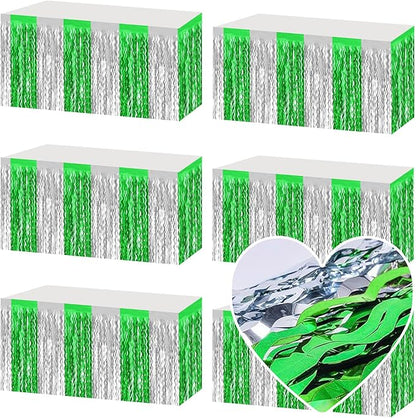 6 Pack 29x108 Inch Silver Green Wave Foil Fringe Table Skirts Metallic Banner for Tinsel Streamer Garland Backdrop for Parade Floats Wedding, Mother's Day, Birthday Mardi Gras Party Decorations