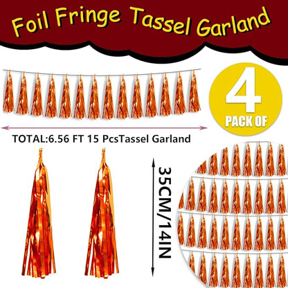 4P Metallic Fringe Tassel Banner Garland Foil Tinsel Streamer Wall Hanging Curtain Backdrop Banner for Parade Floats, Halloween Decorations, Christmas Day, Fall, Thanksgiving Party Decoration(Orange)