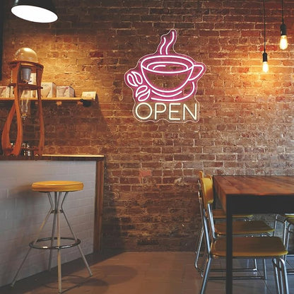 Coffee Cup Open Led Neon Sign For Business Wall Decor, Usb Powered Neon Coffee Signs For Coffee Bar Wall Decor Art Aesthetic Bistro Cafe Restaurant Kitchen Shop Window Welcome Sign