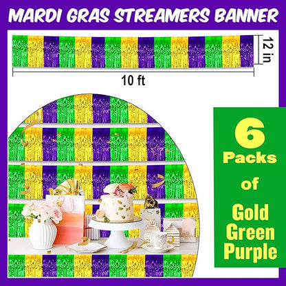 6 Pack 10 Ft Gold Green Purple Foil Fringe Garland Metallic Streamers Tinsel Banner Wall Hanging Garland Backdrop for Parade Floats, Halloween, Christmas, Thanksgiving, New Year Party Decorations