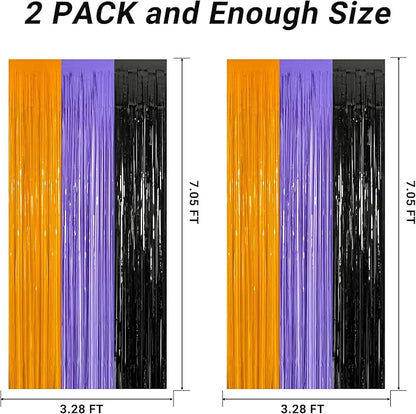 2 Pack Halloween Backdrop, 3.28 FT x 7.05 FT Foil Fringe Curtains, Orange Purple Black Party Streamer Tinsel Backdrop Curtains, Halloween Decorations Door Decor Photo Props Party Supplies