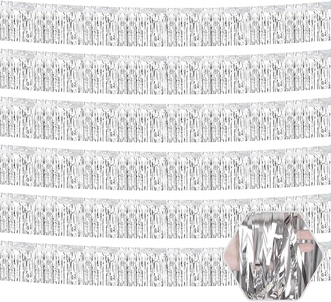 6 Pack 10 Feet Silver Foil Fringe Garland Metallic Tinsel Streamers Banner Wall Hanging Curtain Backdrop for Parade Floats, Birthday, Graduate, Mother's Day, Wedding Party Decoration
