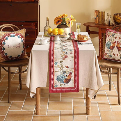 patdrea Designer Farmhouse Linen Table Runner, Rustic Cottage Mauve with Rooster and Floral Pattern Fabric Table Mat, Decoration for Kitchen Dining Coffee Table Banquet Christmas , 12"*71"