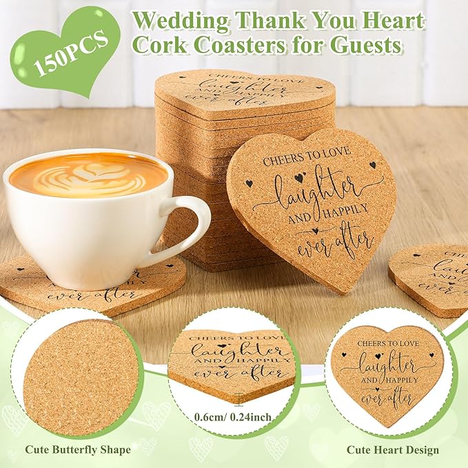 Uiifan 150 Set Wedding Favors for Guest Coaster Gifts Bulk Heart Shaped Coasters Thank You Cards Organza Bags Guest Souvenirs for Wedding Party Bridal Favors