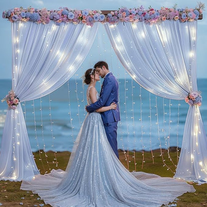 10ft x 10ft Baby Blue Chiffon Backdrop Curtain with Lights String for Parites Wedding Light Blue Curtains Photo Backdrop Drapes for Baby Shower Birthday Party Home Decorations