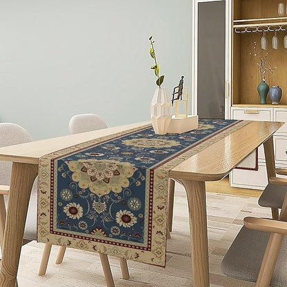 Vintage Boho Floral Table Runner, Elegant Rustic Country Farmhouse Blue Yellow Retro Flower Pattern for Home Kitchen Table Decor Dining Coffee Room Party Decor 13x72in