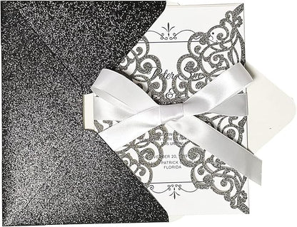 50Pcs Laser Cut Black Wedding Invitation With Glitter Envelopes And Ribbons Blank Personalized Card Invitaciones Para quinceañera Birthday Baby Shower Christmas Party Bridal Shower
