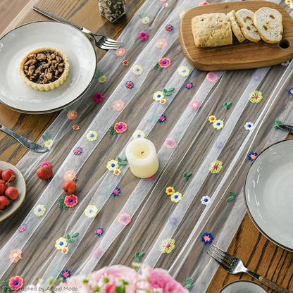Artoid Mode 6PCS Embroidery Daisy Gauze Table Runner 120 Inch 10FT, Seasonal Sheer Kitchen Dining Holiday Wedding Birthday Table Decor for Home Party