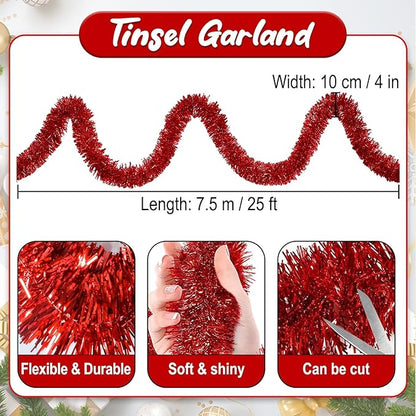25 Feet Red Christmas Tinsel Garland, Metallic Foil Twist Banner Wall Hanging Tinsel Streamers Backdrop for Parade Floats, Christmas, Mother's Day, Birthday Party Decorations(4in x 25ft)