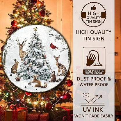 Round Christmas Snow Animals Metal Tin Sign - Vintage Christmas Tree & Winter Sign for Home & Outdoor Decorations - 12 * 12 in