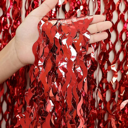 3 Pack Red Aluminium Foil Curtains, 3.3ft x 6.6ft, Wavy Shape, for Party Decorations & Photo Background