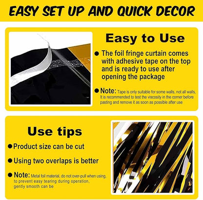 6 Pack Black and Gold Foil Fringe Curtains Backdrop, 3.28 x 8.2 Ft Metallic Streamers Tinsel Curtains Background for Photo Booth, Birthday, Weddings, Carnivals, Graduation, Themed Party Decorations