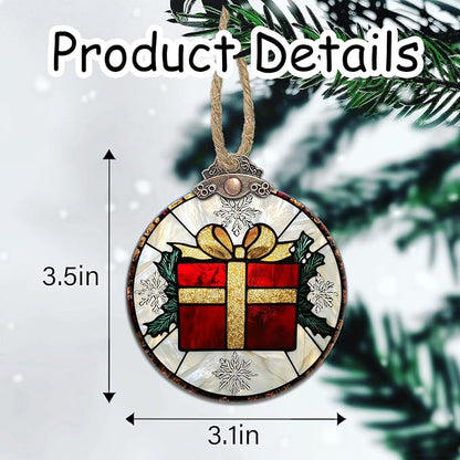 Stained Glass Christmas Decorations, Gold Ribbon Suncatcher for Window Christmas Tree Hanging Ornaments Retro White Snowflake Sun Catcher Xmas Decor Gifts for Women Men Mom Nana Friend