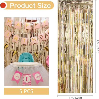 5 Pack Champagne Gold Fringe Curtains (3.2ft x 8.2ft) for Birthday, Wedding, Christmas Decoration