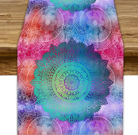 Green Mandala Table Runner, Bohemian Vintage Colorful Exotic Colorful Floral Print Table Runner for Wedding Dining Table Holiday Party Kitchen Home Decor, 13x70inch