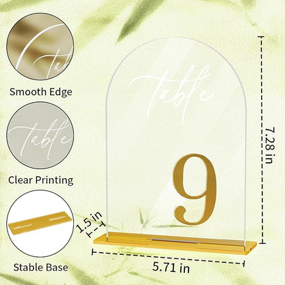 Arch Wedding Table Numbers 1-30 with Stands, Elegant Gold Number 5.5 x 7” Arch Acrylic Signs with Holder, Clear Acrylic Table Numbers for Wedding Reception, Anniversary, Party, Events