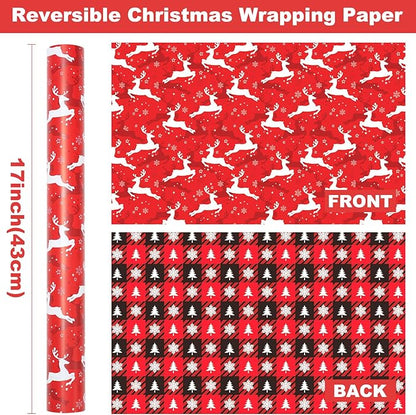 Ulmasinn Reversible Christmas Wrapping Paper Roll - 17" x33ft Double-Sided Designs with Red Nordic Reindeer & Geometric Snowflake, Xmas Gift Wrap for Presents, Table Decor & Crafting