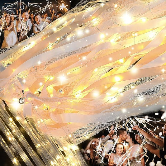 100 PCS Wedding Wands with Lights,Fairy Wands, LED Silk Fairy Wand with Bells for Wedding Send Off, New Year, Raves, Concert, Birthday