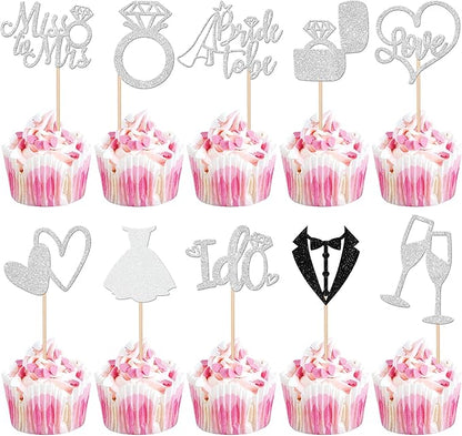 30 PCS Bride to Be Cupcake Toppers Glitter Wedding Cupcake Decorations I Do Love Heart Ring Miss to Mrs Cupcake Picks for Wedding Engagement Bridal Shower Party Cake Decorations Supplies Silver