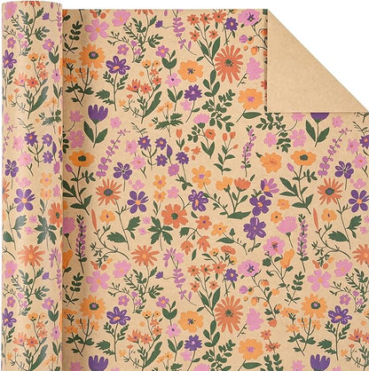 WRAPAHOLIC Kraft Floral Wrapping Paper Roll - Mini Roll - 17 Inch x 16.5 Feet - Vintage Flower Wrapping Paper, Perfect for Wedding, Birthday, Bridal Shower, Tea Party