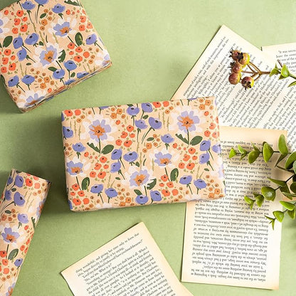 WRAPAHOLIC Kraft Floral Wrapping Paper Roll - Mini Roll - 17 Inch x 16.5 Feet - Watercolor Flower Wrapping Paper, Perfect for Wedding, Birthday, Bridal Shower, Tea Party