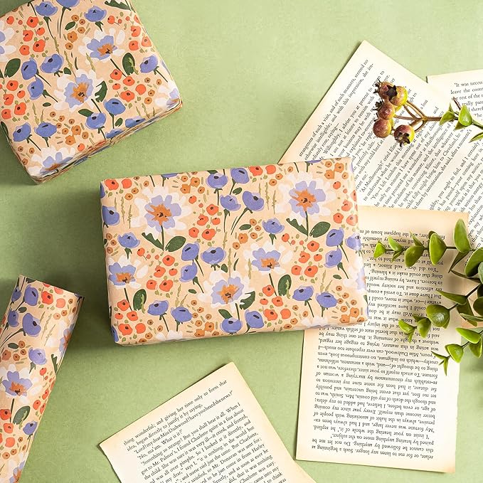 WRAPAHOLIC Kraft Floral Wrapping Paper Roll - Mini Roll - 17 Inch x 33 Feet - Watercolor Flower Wrapping Paper, Perfect for Wedding, Birthday, Bridal Shower, Tea Party