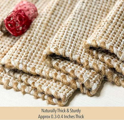 Chardin home Natural Jute Table Runner 13x90 Inch – Vintage Boho Rustic Table Decor – Handwoven Table Runner in Natural Jute and Ivory – Farmhouse Dining or Console Table Accent