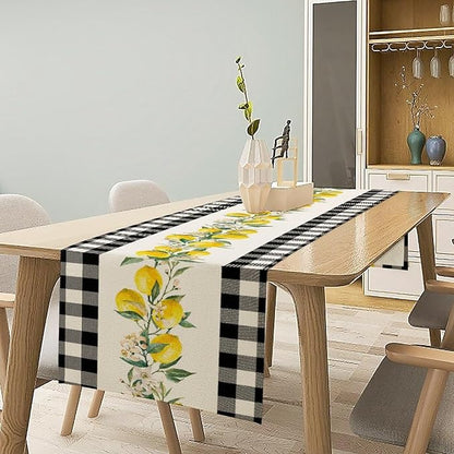 Lemon Table Runner,Black Buffalo Plaid Lemon Table Runner Farmhouse Style Spring Summer Home Kitchen Dinding Room Table Decoration 13x60 Inch