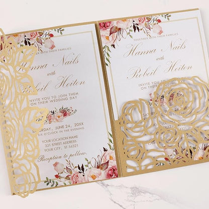 50pcs Gold Laser Cut Wedding Invitations Card Pocket with Envelope and RSVP Cards 5x7 '' Tri-Fold Wedding Invitation Kit for Wedding Engagement Bridal Shower Birthday Quinceanera Party Invite