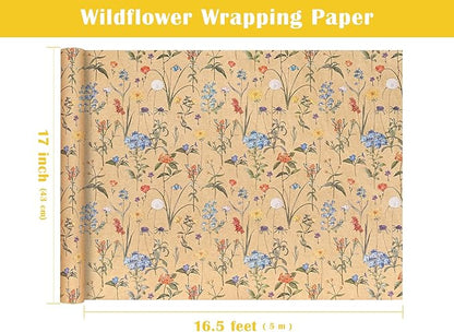 WRAPAHOLIC Kraft Floral Wrapping Paper Roll - Mini Roll - 17 Inch x 16.5 Feet - Wildflower Wrapping Paper Perfect for Girls Women Birthday, Wedding, Bridal Shower